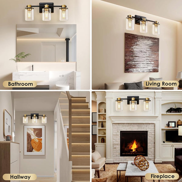 Bathroom Light Fixtures, Vanity Lights with 3 E26 Sockets, Brushed Gold&Black Bathroom Lighting Fixtures Over Mirror, Vanity Lights for Mirror with Glass Shades for Bedroom Living Room Washroom Light