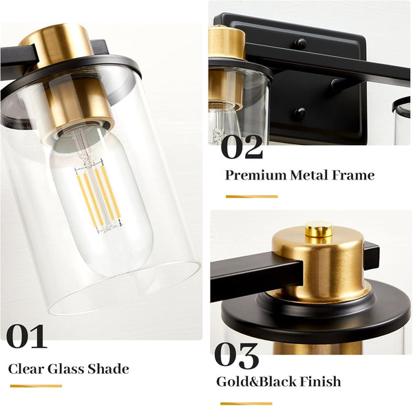 Bathroom Light Fixtures Over Mirror, Gold&Black Vanity Light, Modern Vanity Lights with Clear Glass Shade, Bathroom Light Fixtures with Anti-Rust Metal Frame for Bedroom Washroom Living Room E26 Base