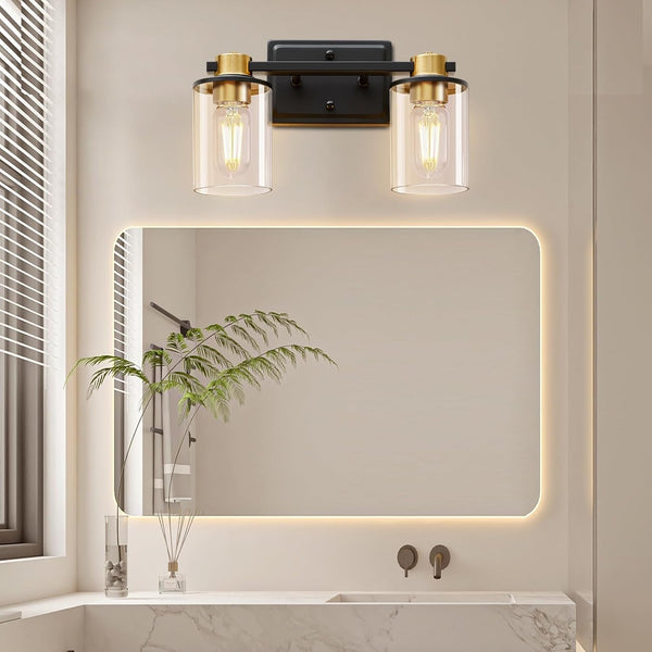 Bathroom Light Fixtures Over Mirror, Gold&Black Vanity Light, Modern Vanity Lights with Clear Glass Shade, Bathroom Light Fixtures with Anti-Rust Metal Frame for Bedroom Washroom Living Room E26 Base