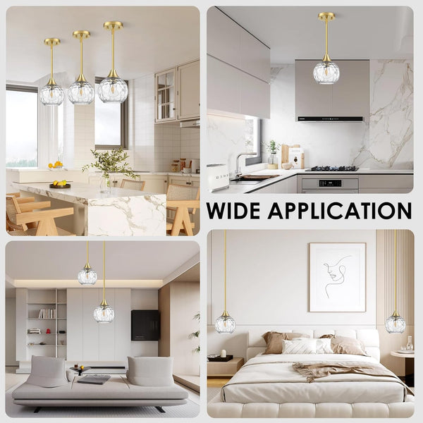 Pendant Light, 3 Pack Pendant Lights Kitchen Island Lighting Hammered Glass, Island Lights with 5"- 42" Adjustable Rods, Gold Light Fixtures Ceiling Hanging with Metal Canopy for Living Room Bedroom
