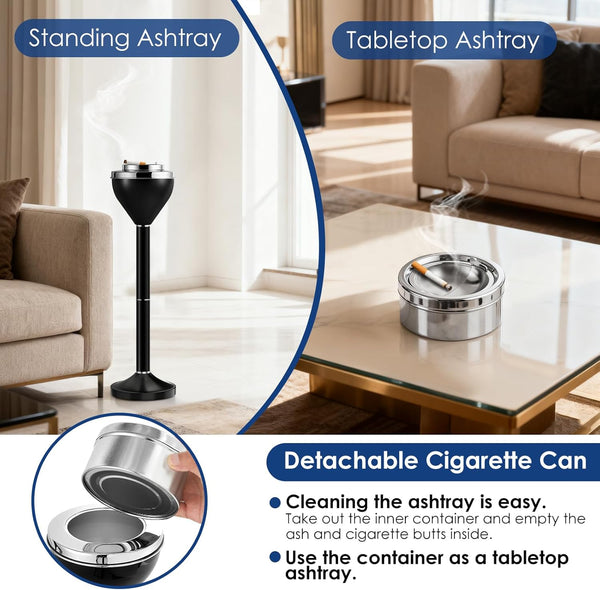 Ash Tray, Standing Cigar Ashtray, 16"&24.2" Adjustable Outdoor Ashtray, Black Ashtray Outdoor, Detachable Ashtrays with Lid and Weighted Base, Outdoor Ash Tray for Indoor Home Patio