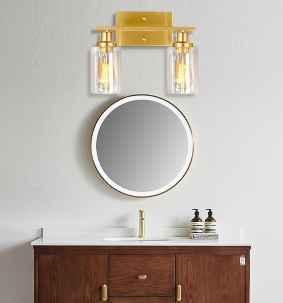 Gold Bathroom Light Fixtures, 2-Light Brushed Gold Vanity Lights, Bathroom Vanity Light with Clear Glass Shade, Modern Vanity Lights for Bathroom, Vanity Lights for Mirror for Bedroom Hallway E26 Base