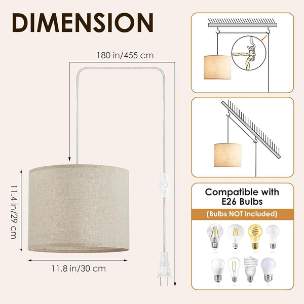 Plug in Pendant Light,Set of 2 Beige Hanging Lamp,Adjustable Hanging Light Fixture, Hanging Lights That Plug in with Fabric Shade,Plug in Ceiling Light for Living Room Kitchen Island Bedroom(No Bulb)