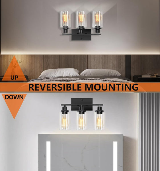 Bathroom Light Fixtures Over Mirror, 3-Light Vanity Lights for Bathroom with Clear Glass Shade,Matte Black Wall Lights indoor,Metal Bathroom Light Fixtures,Wall Lamps for Bedroom,Sconces Wall Lighting