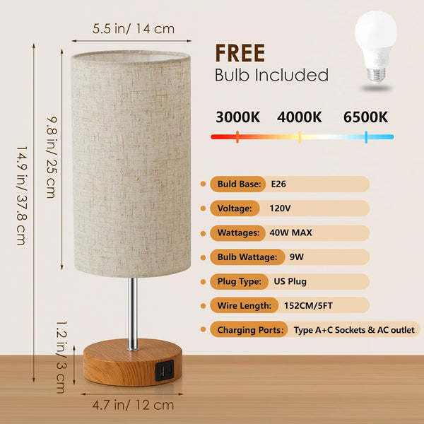 Table Lamp, 3 Way Dimmable Touch Bedside Lamps Set of 2, Lamps for Bedrooms with USB C&A Ports and AC outlet, Bedroom Lamp Set with Fabric Shade, Touch Lamp for Bedroom Living Room Dorm (Bulb Included