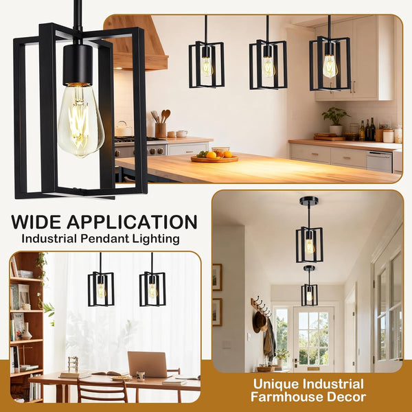 Pendant Light, Adjustable Height Farmhouse Pendant Light Fixtures, 1-Light Black Hanging Light Fixture for Flat&Sloped Ceiling, Metal Frame Pendant Lighting for Kitchen Island Dining Room Entryway