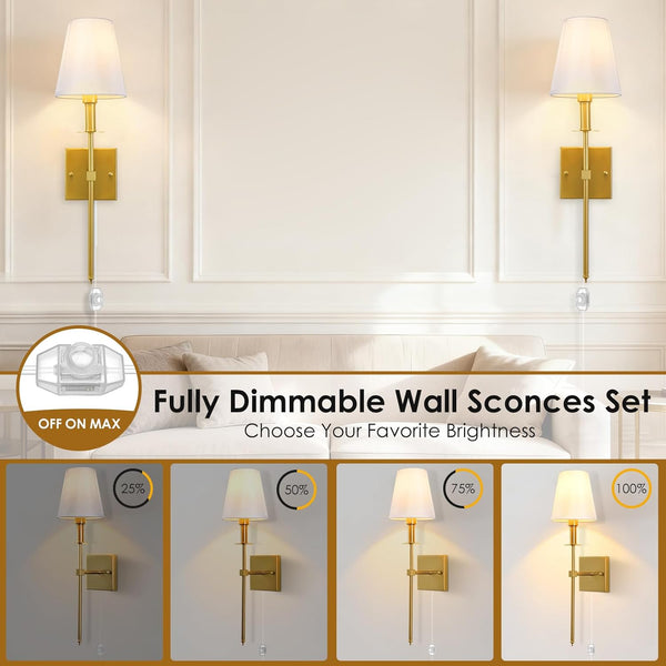 Wall Sconce, Dimmable Gold Wall Sconces Set of 2, Plug in Sconces Wall Lighting, E12 Based Wall Lamp with Fabric Shade, Classic Wall Light Indoor for Living Room Hallway Bathroom Bedroom(No Bulb)