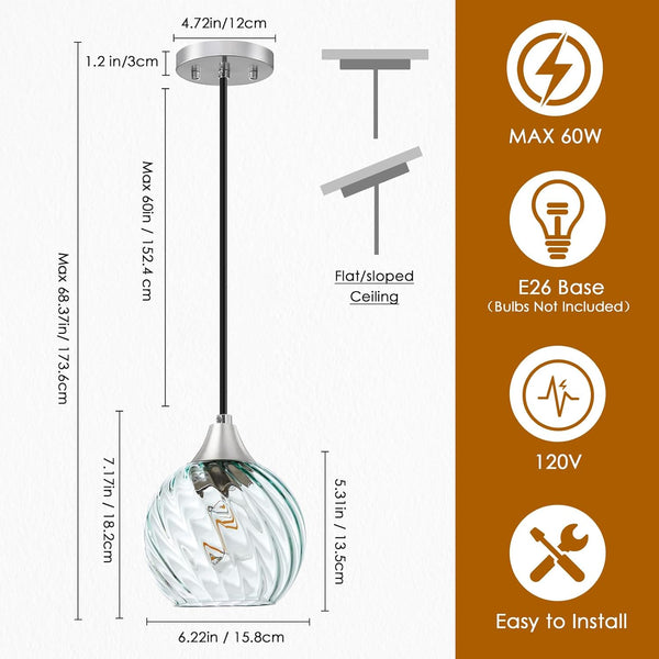 Pendant Light, Pendant Lights Kitchen Island 3 Pack with Glass Shades Twist Pattern, 60" Adjustable Cord Kitchen Island Lighting E26 Based, Green Island Lights for Bedroom Living Room Dining Room