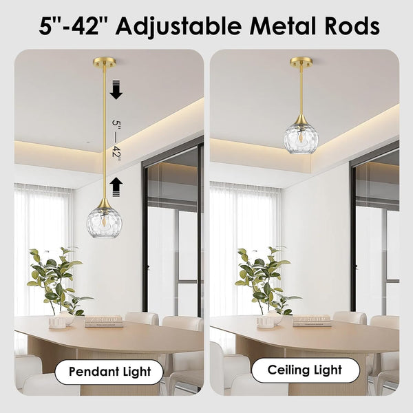 Pendant Light, 3 Pack Pendant Lights Kitchen Island Lighting Hammered Glass, Island Lights with 5"- 42" Adjustable Rods, Gold Light Fixtures Ceiling Hanging with Metal Canopy for Living Room Bedroom