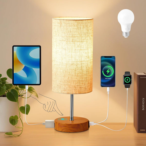 Table Lamp, 3 Way Dimmable Bedside Lamp, Touch Lamps for Bedrooms with USB C & A Charging and AC Outlet, Small Bedroom Lamp with Fabric Shade,Touch Lamp for Bedroom Dorm Living Room (Bulb Included)