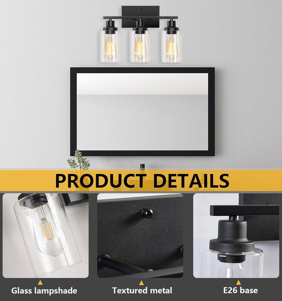 Bathroom Light Fixtures, 3-Light Vanity Lights, Black Bathroom Vanity Light with Clear Glass Shade, Modern Wall Lamp with Metal Frame, Wall lamps for Bedroom Washroom Living Room Hallway E26 Base