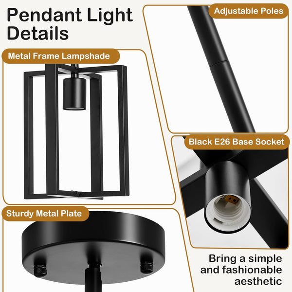 Pendant Light, Adjustable Height Farmhouse Pendant Light Fixtures, 1-Light Black Hanging Light Fixture for Flat&Sloped Ceiling, Metal Frame Pendant Lighting for Kitchen Island Dining Room Entryway