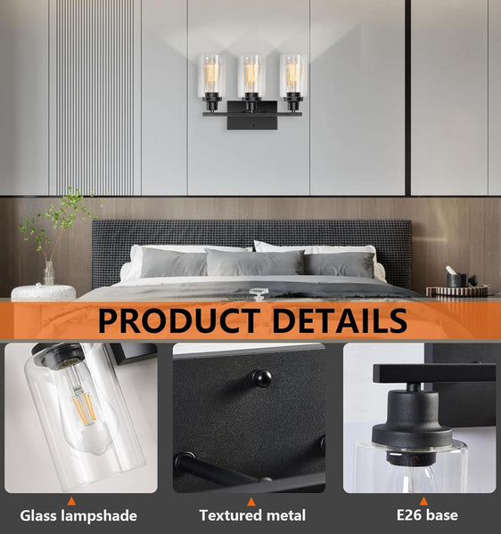 Bathroom Light Fixtures Over Mirror, 3-Light Vanity Lights for Bathroom with Clear Glass Shade,Matte Black Wall Lights indoor,Metal Bathroom Light Fixtures,Wall Lamps for Bedroom,Sconces Wall Lighting
