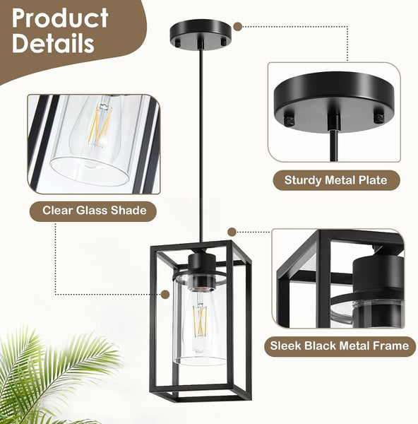 Pendant Lights Kitchen Island, 1 Pack Black Pendant Light, Adjustable Corded Pendant Light Fixtures with Glass Shade, Metal Frame Hanging Light Fixture, Kitchen Island Lighting for Entryway Bedroom