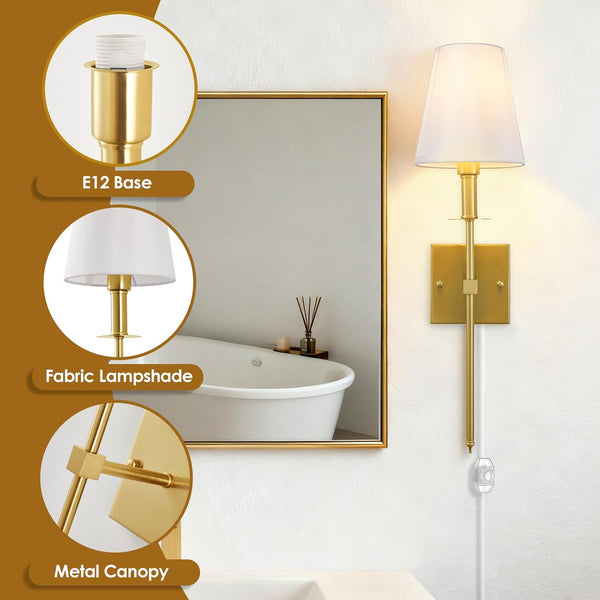 Wall Sconce, Dimmable Gold Wall Sconces Set of 2, Plug in Sconces Wall Lighting, E12 Based Wall Lamp with Fabric Shade, Classic Wall Light Indoor for Living Room Hallway Bathroom Bedroom(No Bulb)