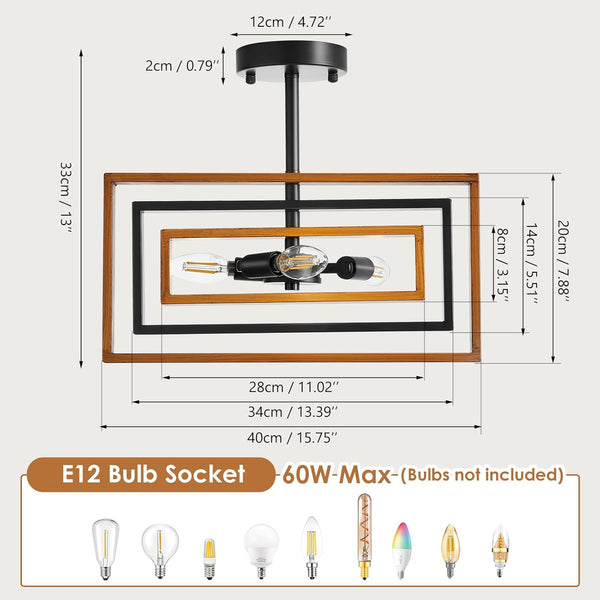 Ceiling Light, 3-Light Industrial Semi Flush Mount Ceiling Light, Rotatable Metal Frame Kitchen Light Fixtures Ceiling, Farmhouse Dining Room Light Fixtures for Living Room, Bedroom, Entryway, Hallway