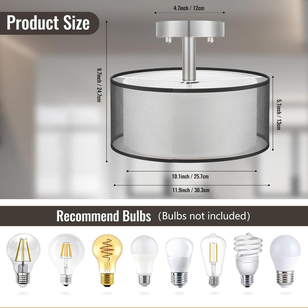Ceiling Light, 3-Light Modern Light Fixtures Ceiling, Semi Flush Mount Ceiling Light, Ceiling Light Fixtures with Double Fabric Shade, Dining Room Light Fixtures, Bedroom Light Fixtures Ceiling