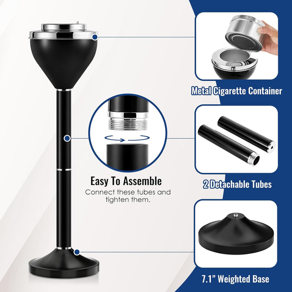Ash Tray, Standing Cigar Ashtray, 16"&24.2" Adjustable Outdoor Ashtray, Black Ashtray Outdoor, Detachable Ashtrays with Lid and Weighted Base, Outdoor Ash Tray for Indoor Home Patio