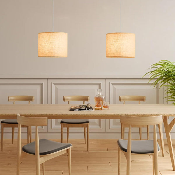 Plug in Pendant Light,Set of 2 Beige Hanging Lamp,Adjustable Hanging Light Fixture, Hanging Lights That Plug in with Fabric Shade,Plug in Ceiling Light for Living Room Kitchen Island Bedroom(No Bulb)
