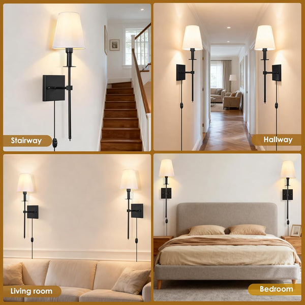Wall Sconce, Black Wall Sconces Set of 2, Dimmable Plug in Sconces Wall Lighting, E12 Based Wall Lamp with Fabric Shade, Modern Wall Light Indoor for Bedroom Living Room Hallway Bathroom(No Bulb)
