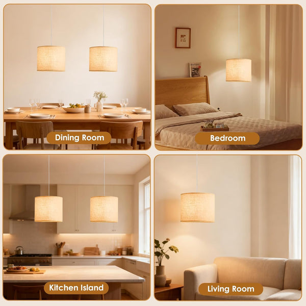 Plug in Pendant Light,Set of 2 Beige Hanging Lamp,Adjustable Hanging Light Fixture, Hanging Lights That Plug in with Fabric Shade,Plug in Ceiling Light for Living Room Kitchen Island Bedroom(No Bulb)