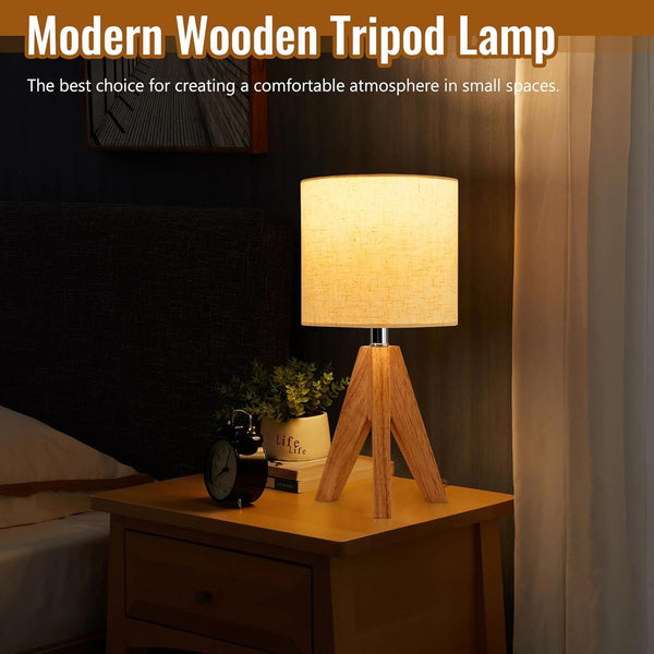 Table Lamp, Wooden Tripod Lamps for Bedrooms with Fabric Shade, Lamps for Bedrooms, 2 Pack Bedside Lamp with 60W Bulb, Lamps Living Room, Bedside Table Lamp for Bedroom, Living Room, Nursery, Office