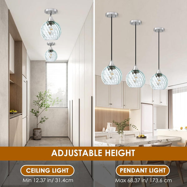 Pendant Light, Pendant Lights Kitchen Island 3 Pack with Glass Shades Twist Pattern, 60" Adjustable Cord Kitchen Island Lighting E26 Based, Green Island Lights for Bedroom Living Room Dining Room