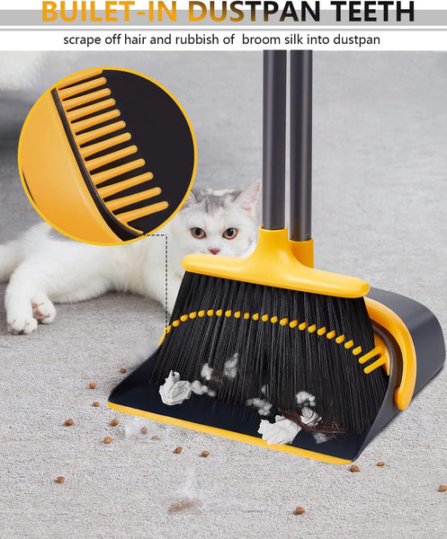 Broom, Broom with Dustpan Combo Set with Rubber Lip, Broom and Dustpan Set with Adjustable Long Handle, Outdoor Broom with Dustpan Teeth, Broom and Dustpan for Home Kitchen Floor Use, Yellow Brooms