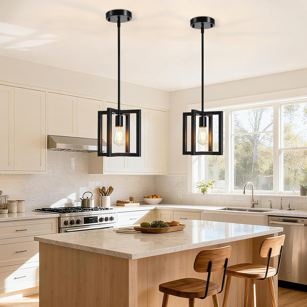 Pendant Light, Adjustable Height Farmhouse Pendant Light Fixtures, 1-Light Black Hanging Light Fixture for Flat&Sloped Ceiling, Metal Frame Pendant Lighting for Kitchen Island Dining Room Entryway