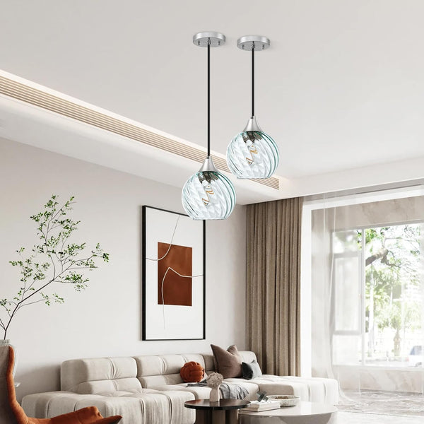 Pendant Light, 2 Pack Pendant Lights Kitchen Island with Glass Shade Twist Pattern, E26 Based Glass Kitchen Island Lighting with Adjustable Height, Modern Green Island Lights for Bedroom Living Room