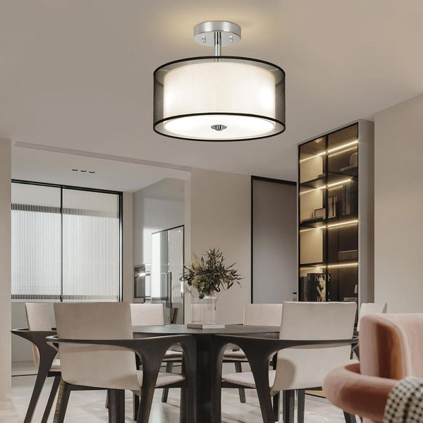 Ceiling Light, 3-Light Modern Light Fixtures Ceiling, Semi Flush Mount Ceiling Light, Ceiling Light Fixtures with Double Fabric Shade, Dining Room Light Fixtures, Bedroom Light Fixtures Ceiling