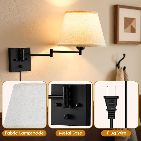 Wall Sconces Set of 2, Plug in Wall Sconce, Dimmable Wall Lights with Adjustable Swing Arm Wall Lamp with Fabric Shade, Modern Sconces Wall Decor Set of 2 for Reading Living Room Bedroom Hallway