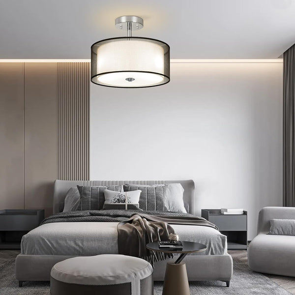 Ceiling Light, 3-Light Modern Light Fixtures Ceiling, Semi Flush Mount Ceiling Light, Ceiling Light Fixtures with Double Fabric Shade, Dining Room Light Fixtures, Bedroom Light Fixtures Ceiling