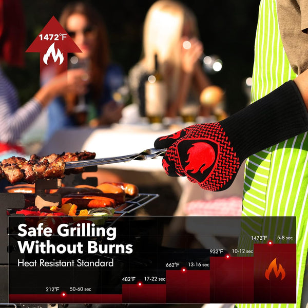 BBQ Gloves, 1472℉ Extreme Heat Resistant Gloves with Long Cuff, Washable Oven Gloves, Grilling Gloves for Most Hands Size, Durable Silicone Grill Gloves for Barbecue Baking Grilling (13.6 Inch-Red)