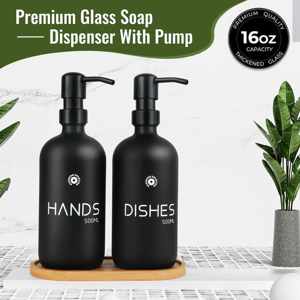 Soap Dispenser,Dish Soaps Dispenser with Bamboo Tray, 304 Stainless Steel Pump Soap Dispensers Kitchen, Soaps Dispenser Bathroom, Black Matte Kitchen Soaps Dispenser