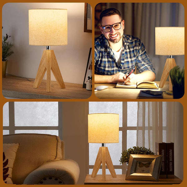 Table Lamp, Wooden Tripod Lamps for Bedrooms with Fabric Shade, Lamps for Bedrooms, 2 Pack Bedside Lamp with 60W Bulb, Lamps Living Room, Bedside Table Lamp for Bedroom, Living Room, Nursery, Office