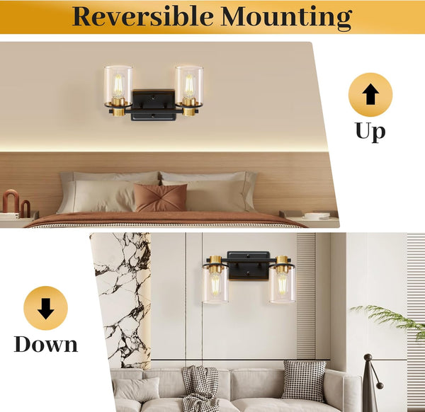 Bathroom Light Fixtures Over Mirror, Gold&Black Vanity Light, Modern Vanity Lights with Clear Glass Shade, Bathroom Light Fixtures with Anti-Rust Metal Frame for Bedroom Washroom Living Room E26 Base