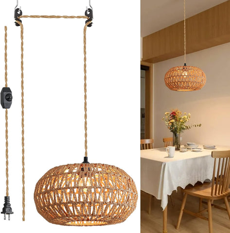 Hanging Lamp, 12 inch Hemp Rope Plug in Pendant Light, Boho Dimmable Hanging Light with 15ft Adjustable Cord, Hanging Lights That Plug in with Hook Design, E26 Hanging Lights for Bedroom Dining Room