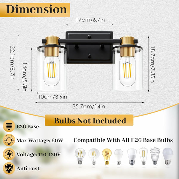 Bathroom Light Fixtures Over Mirror, Gold&Black Vanity Light, Modern Vanity Lights with Clear Glass Shade, Bathroom Light Fixtures with Anti-Rust Metal Frame for Bedroom Washroom Living Room E26 Base