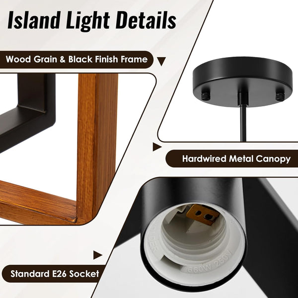 Pendant Lights Kitchen Island, 2 Pack Pendant Light, Adjustable Kitchen Island Lighting, Wood Grain Hanging Light Fixture with Metal Frames, Pendant Lights for Dining Room Hallway Entryway Living Room