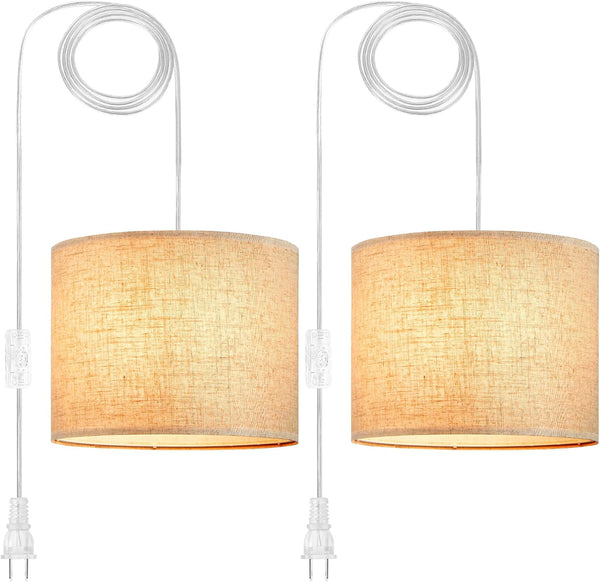 Plug in Pendant Light,Set of 2 Beige Hanging Lamp,Adjustable Hanging Light Fixture, Hanging Lights That Plug in with Fabric Shade,Plug in Ceiling Light for Living Room Kitchen Island Bedroom(No Bulb)