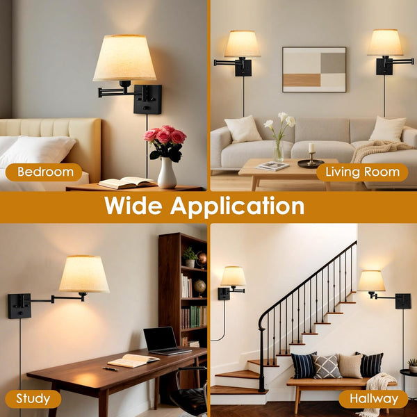 Wall Sconces Set of 2, Plug in Wall Sconce, Dimmable Wall Lights with Adjustable Swing Arm Wall Lamp with Fabric Shade, Modern Sconces Wall Decor Set of 2 for Reading Living Room Bedroom Hallway