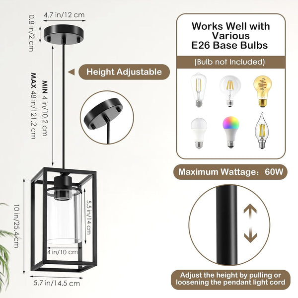 Pendant Lights Kitchen Island, 1 Pack Black Pendant Light, Adjustable Corded Pendant Light Fixtures with Glass Shade, Metal Frame Hanging Light Fixture, Kitchen Island Lighting for Entryway Bedroom
