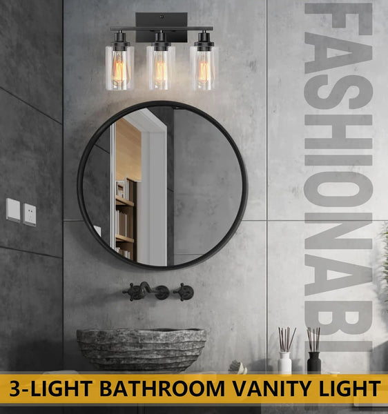 Bathroom Light Fixtures, 3-Light Vanity Lights, Black Bathroom Vanity Light with Clear Glass Shade, Modern Wall Lamp with Metal Frame, Wall lamps for Bedroom Washroom Living Room Hallway E26 Base