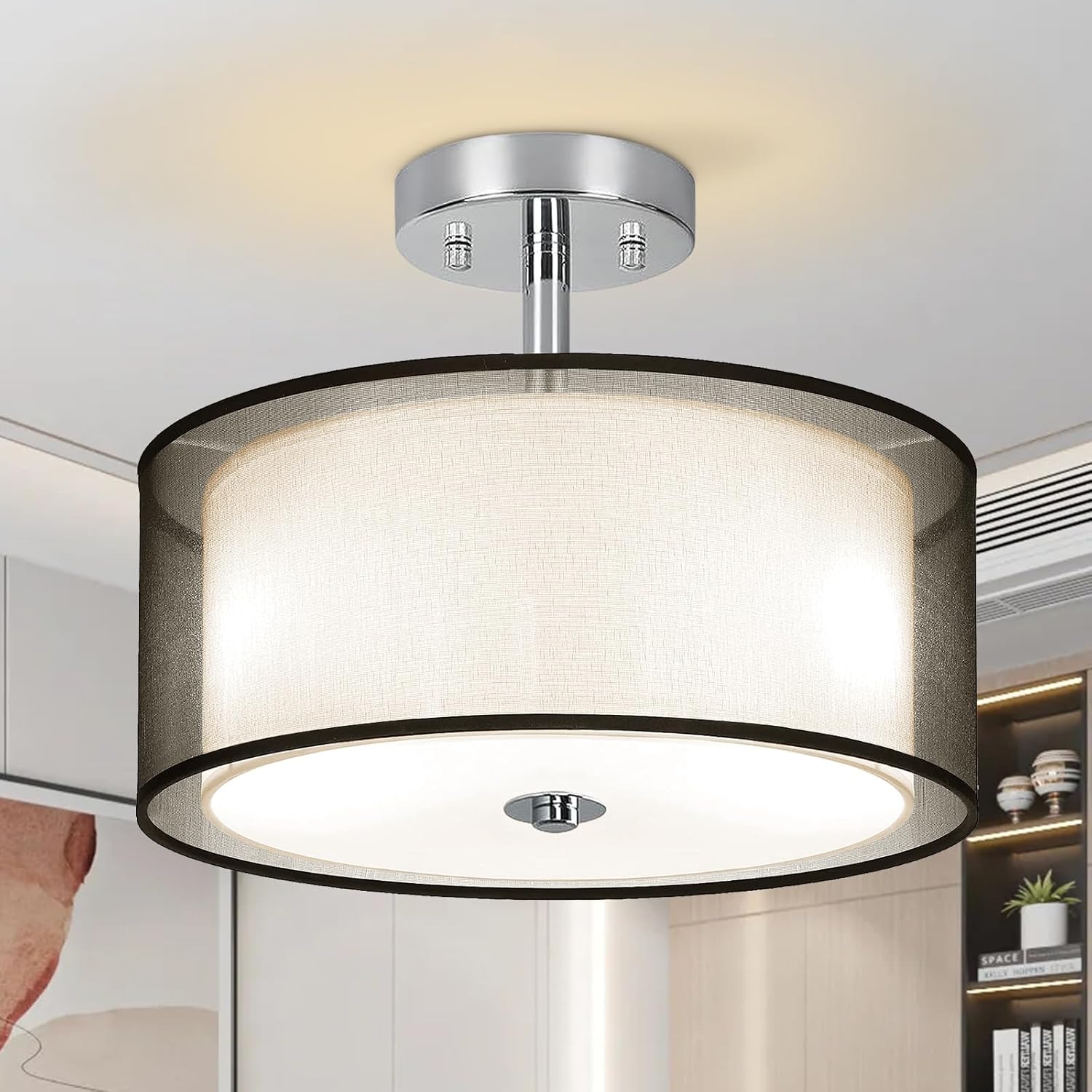 Ceiling Light, 3-Light Modern Light Fixtures Ceiling, Semi Flush Mount Ceiling Light, Ceiling Light Fixtures with Double Fabric Shade, Dining Room Light Fixtures, Bedroom Light Fixtures Ceiling