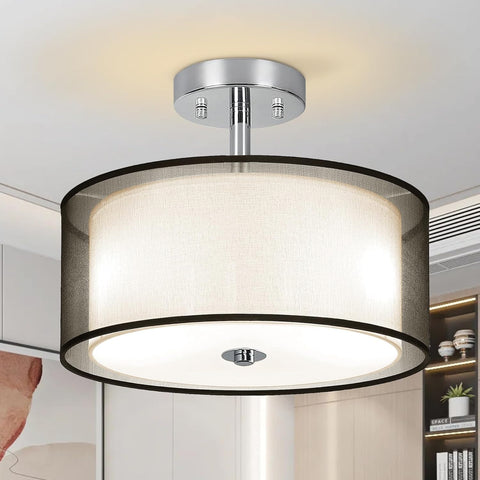 Ceiling Light, 3-Light Modern Light Fixtures Ceiling, Semi Flush Mount Ceiling Light, Ceiling Light Fixtures with Double Fabric Shade, Dining Room Light Fixtures, Bedroom Light Fixtures Ceiling