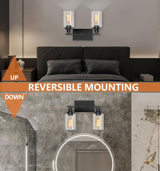 Bathroom Light Fixtures Over Mirror, 2-Light Vanity Light with Glass Shade, Matte Black Bathroom Light Fixtures, Modern Vanity Lights for Bathroom, Metal Bathroom Vanity Light Fixtures Bathroom Light