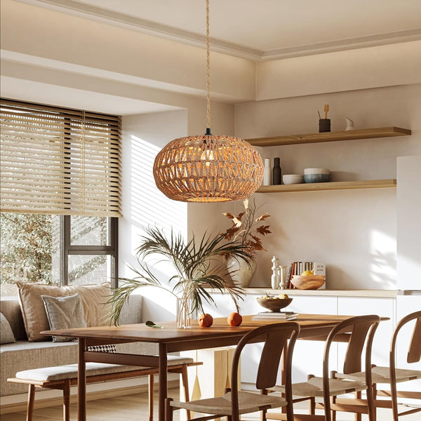 Hanging Lamp, 12 inch Hemp Rope Plug in Pendant Light, Boho Dimmable Hanging Light with 15ft Adjustable Cord, Hanging Lights That Plug in with Hook Design, E26 Hanging Lights for Bedroom Dining Room