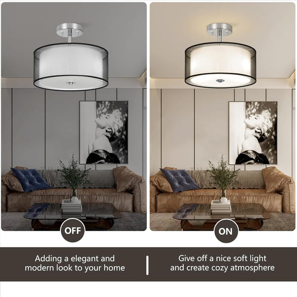 Ceiling Light, 3-Light Ceiling Light Fixture, Semi Flush Mount Ceiling Light, Light Fixtures Ceiling Mount with Double Fabric Shade, Bedroom Lights for Ceiling,Black Ceiling Light Fixtures for Bedroom