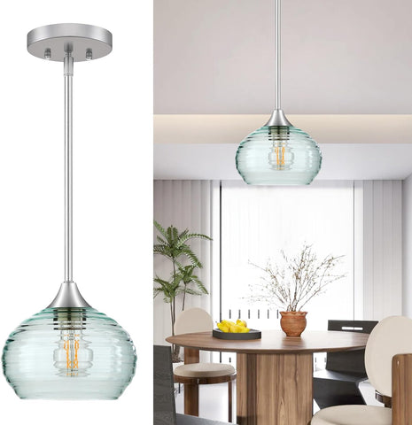 Pendant Light, Single Pendant Lights Kitchen Island Lighting with Adjustable Height 5"-42", Island Lights with Green Glass Shade, Green Pendant Lights for Living Room Bedroom Dining Room E26 Base